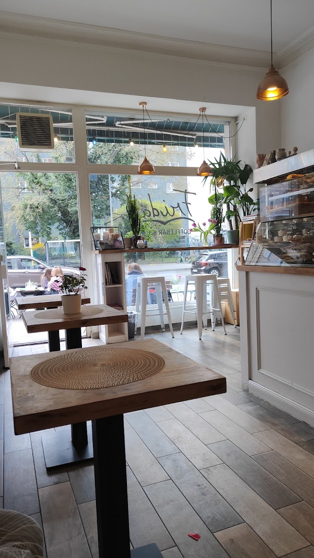 Café Frida von innen: Fensterbar mit Hockern, Pflanzen, Holztische – der Frida-Schriftzug am Fenster