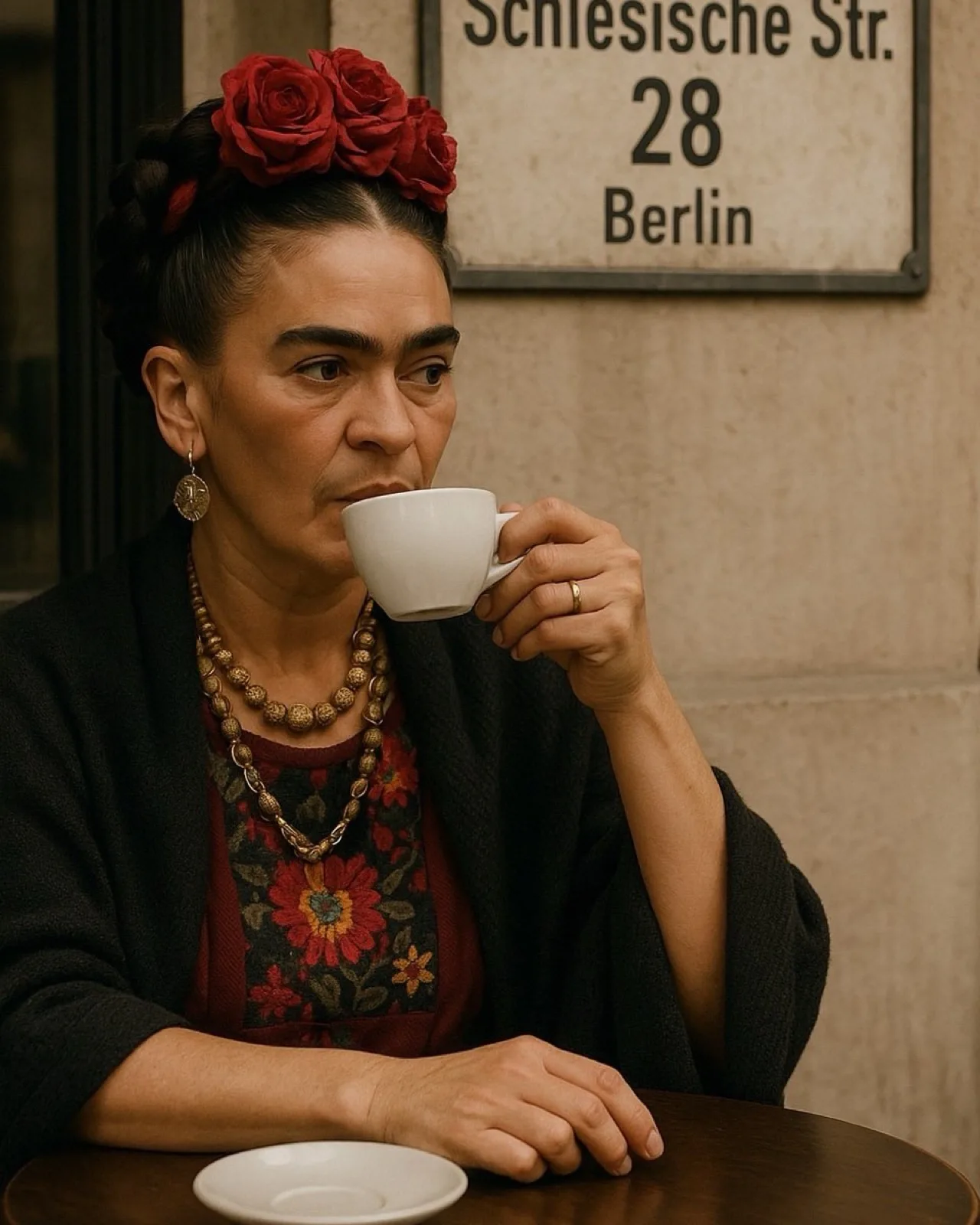 KI-generiertes Bild: Frau als Frida Kahlo gestylt, trinkt Kaffee unter dem Schild Schlesische Str. 28
